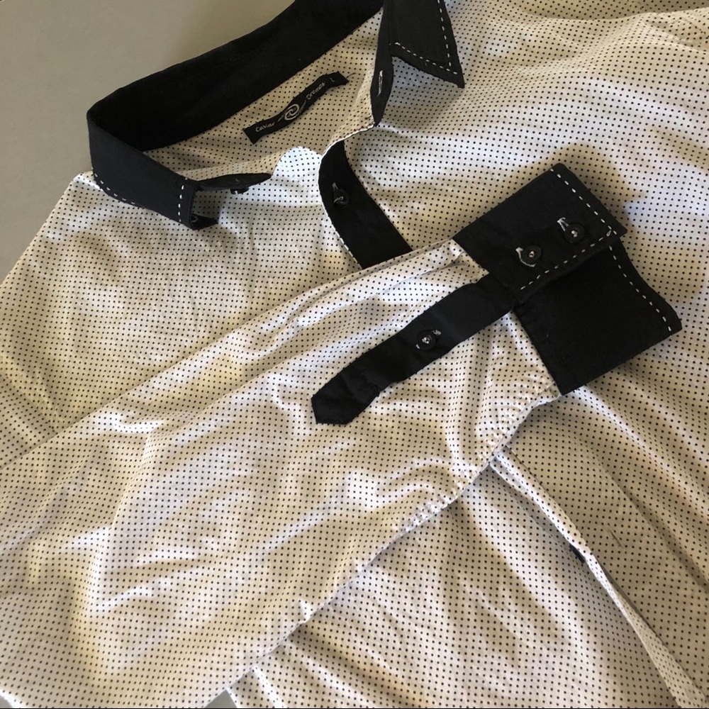 White dress shirt w/ black pin dots